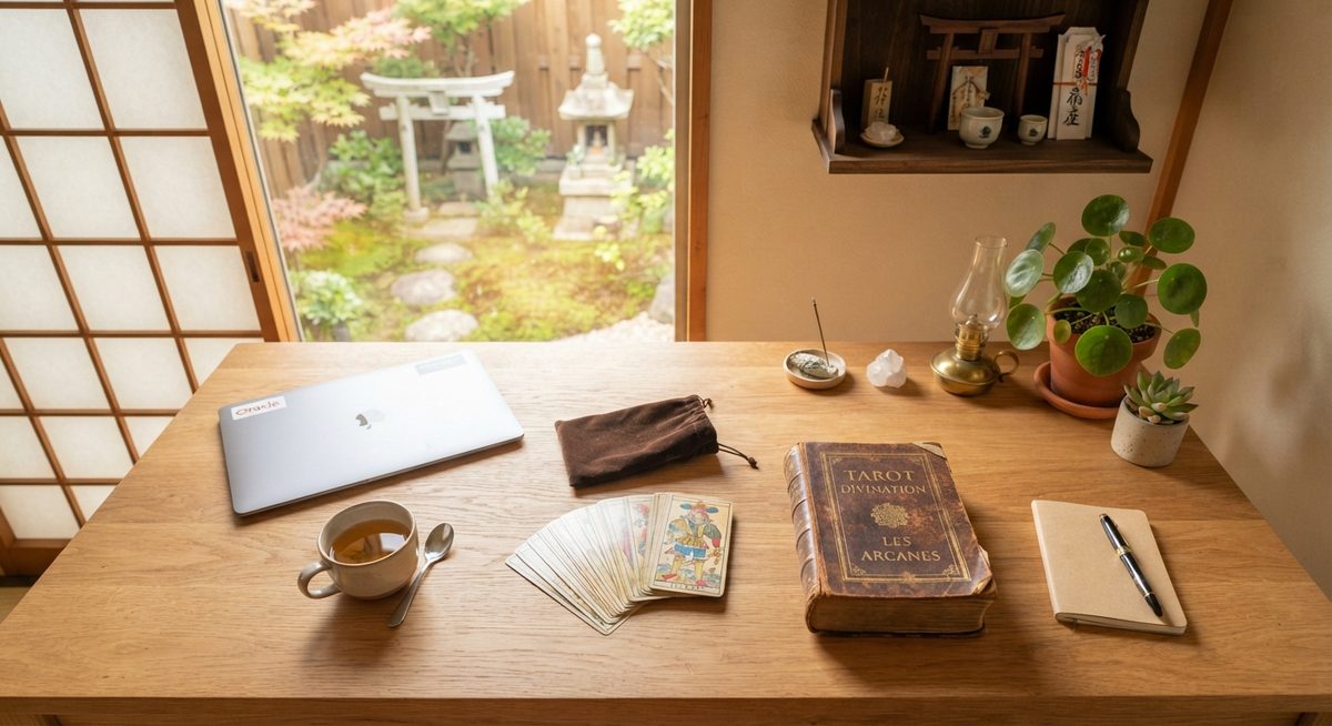 Espace de travail utilisé pour les lectures de cartes : jeu de tarot, ouvrage ancien et carnet de notes